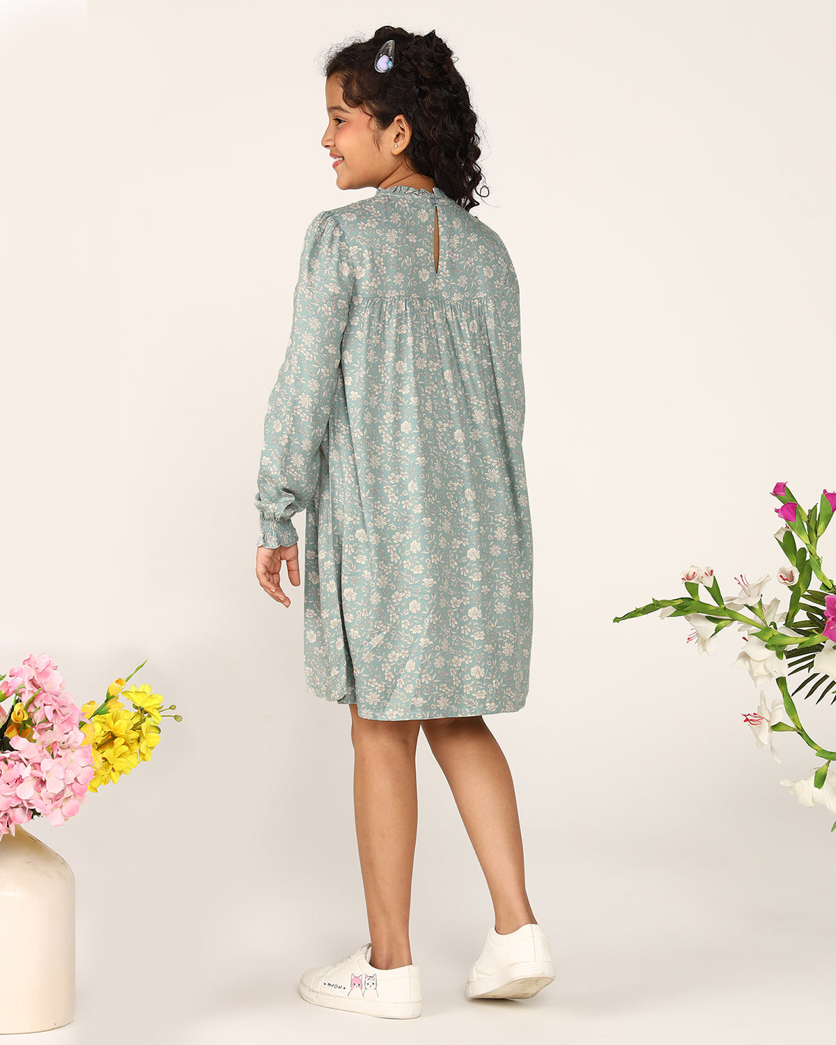 Mint green girls printed flared skirt with gathered waist and flowy hem