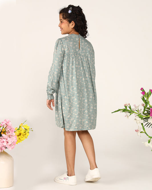 Mint green girls printed flared skirt with gathered waist and flowy hem