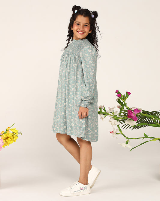 Mint green girls printed flared skirt with gathered waist and flowy hem