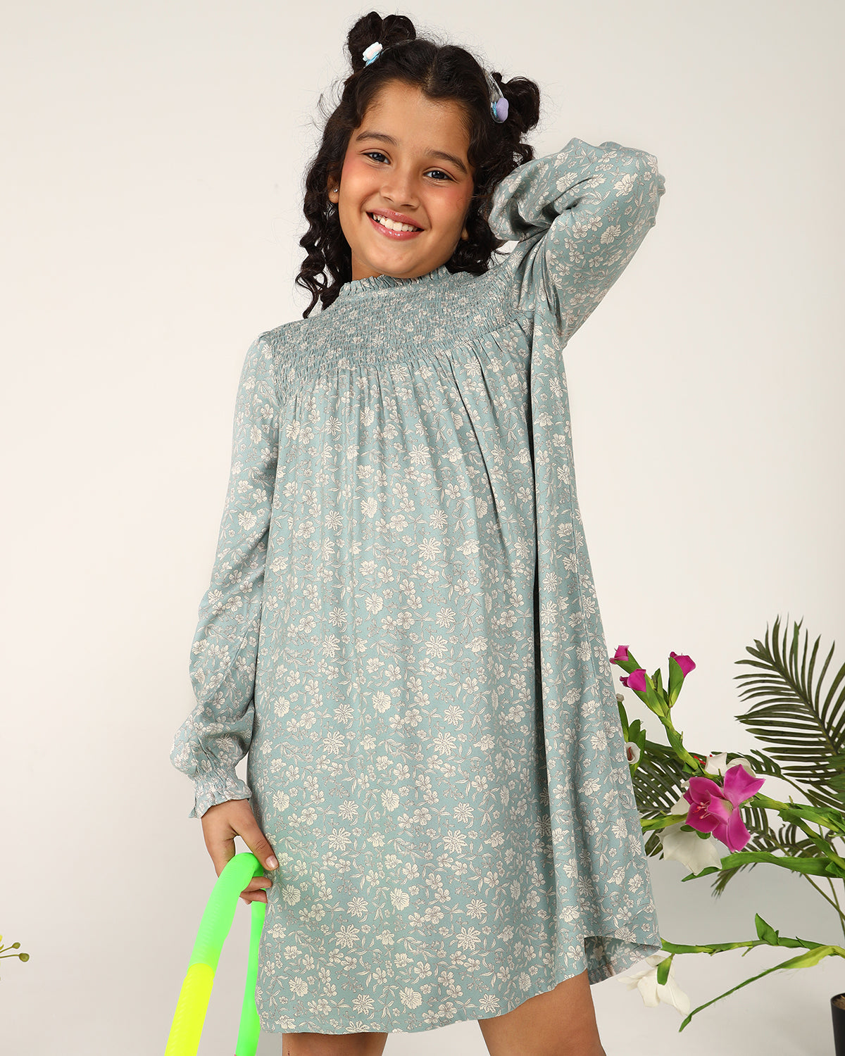 Mint green girls printed flared skirt with gathered waist and flowy hem