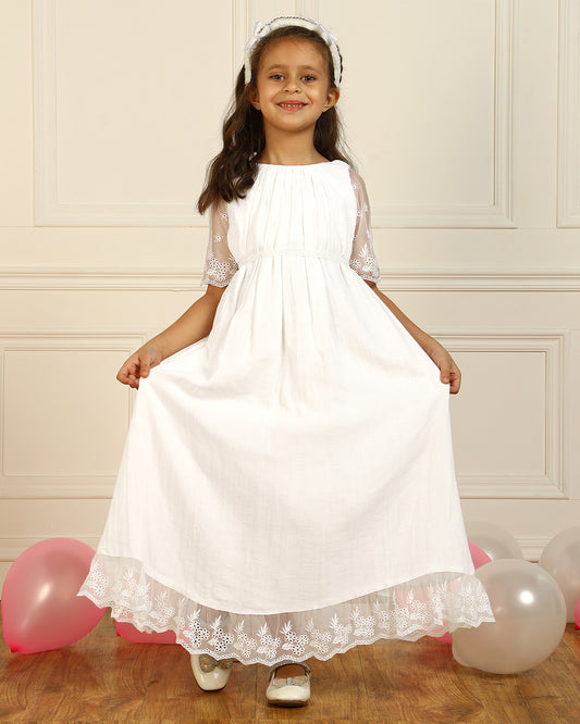Girls White Embroidered Maxi Party Dress