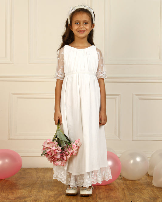 Girls White Embroidered Maxi Party Dress