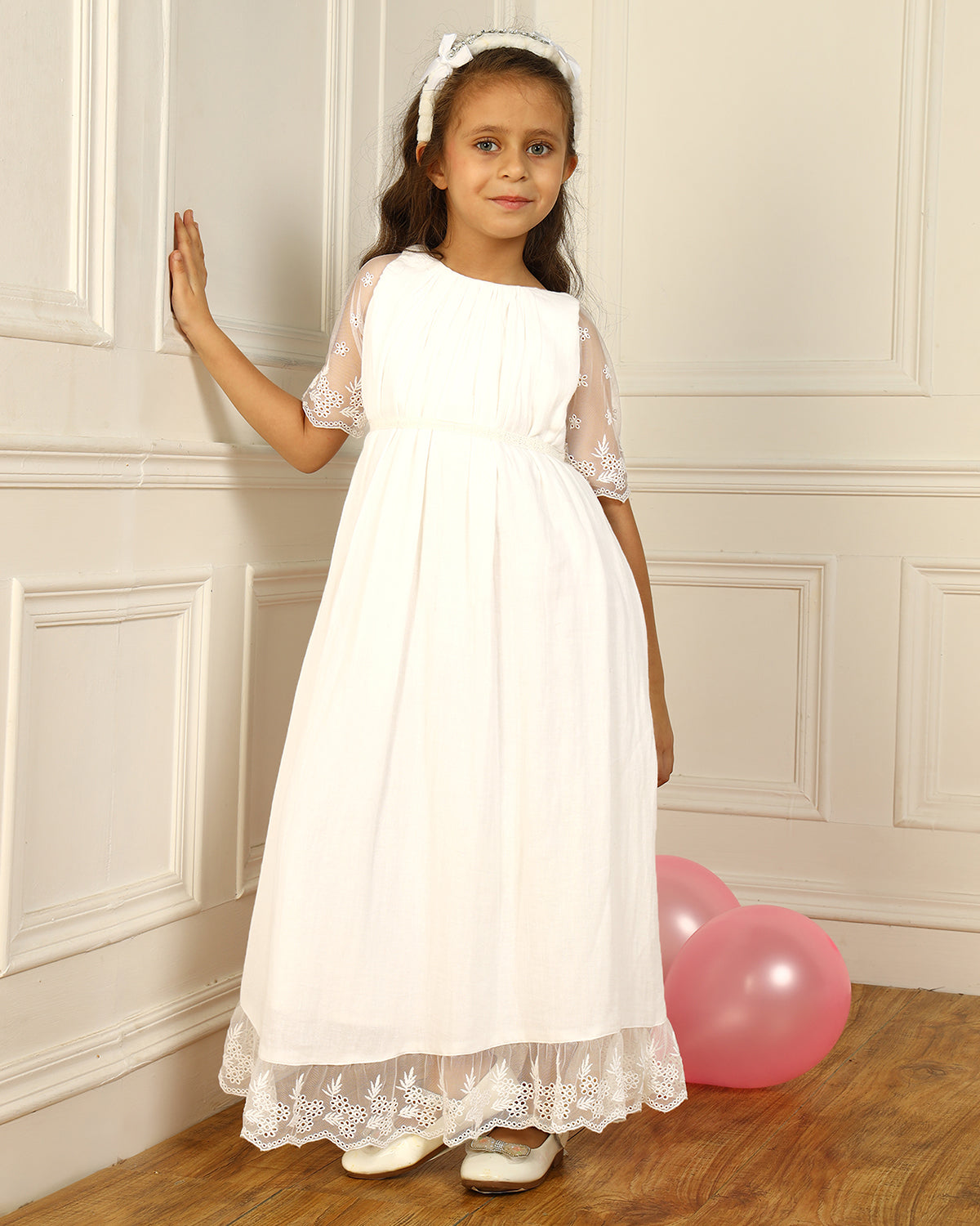 Girls White Embroidered Maxi Party Dress