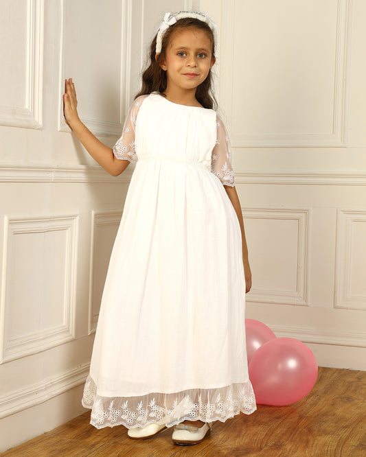 Girls White Embroidered Maxi Party Dress