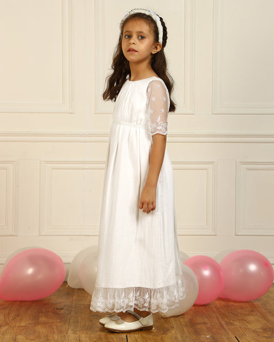 Girls White Embroidered Maxi Party Dress