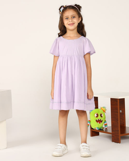 Lavender girls short sleeve dress with gathered waist and flared hem