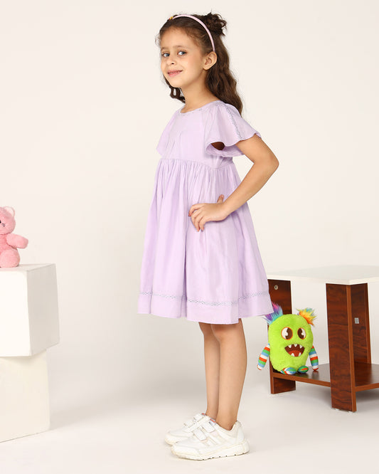 Lavender girls short sleeve dress with gathered waist and flared hem