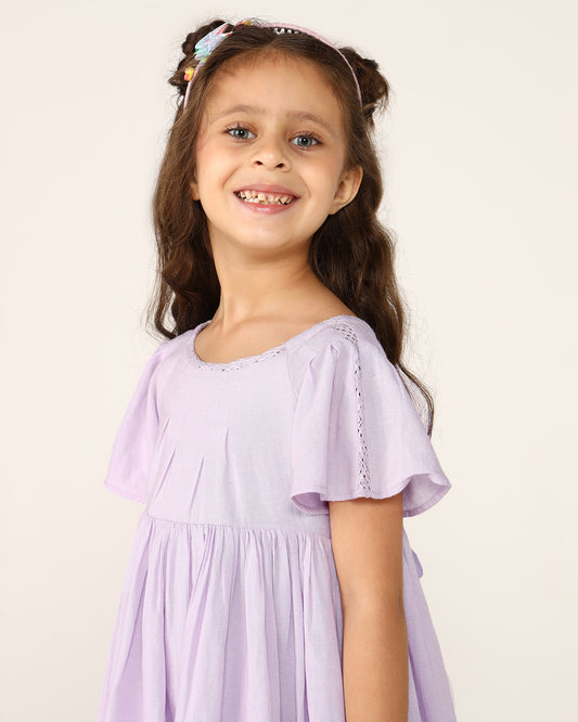 Lavender girls short sleeve dress with gathered waist and flared hem