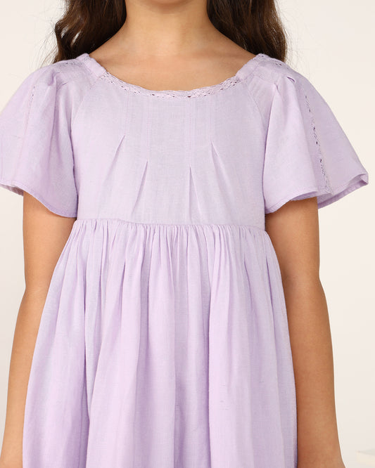 Lavender girls short sleeve dress with gathered waist and flared hem