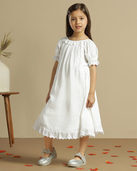 Grey striped girls short sleeve dress with gathered waist and flared hem