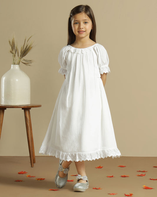 Grey striped girls short sleeve dress with gathered waist and flared hem