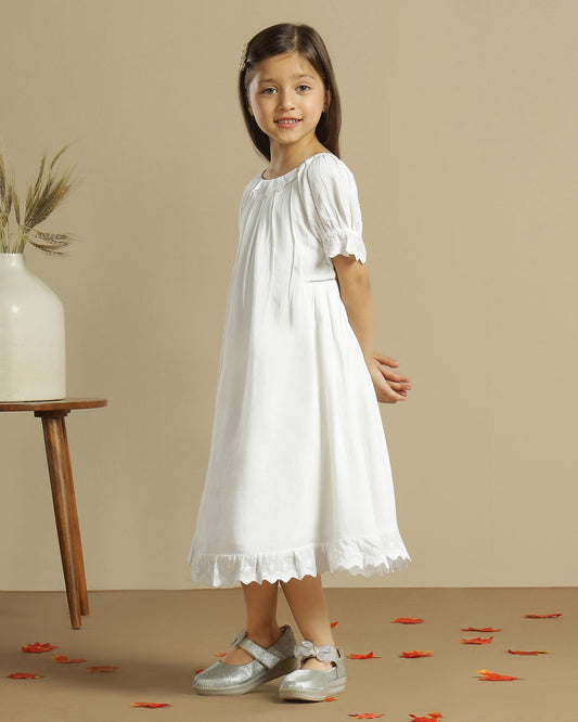 Grey striped girls short sleeve dress with gathered waist and flared hem