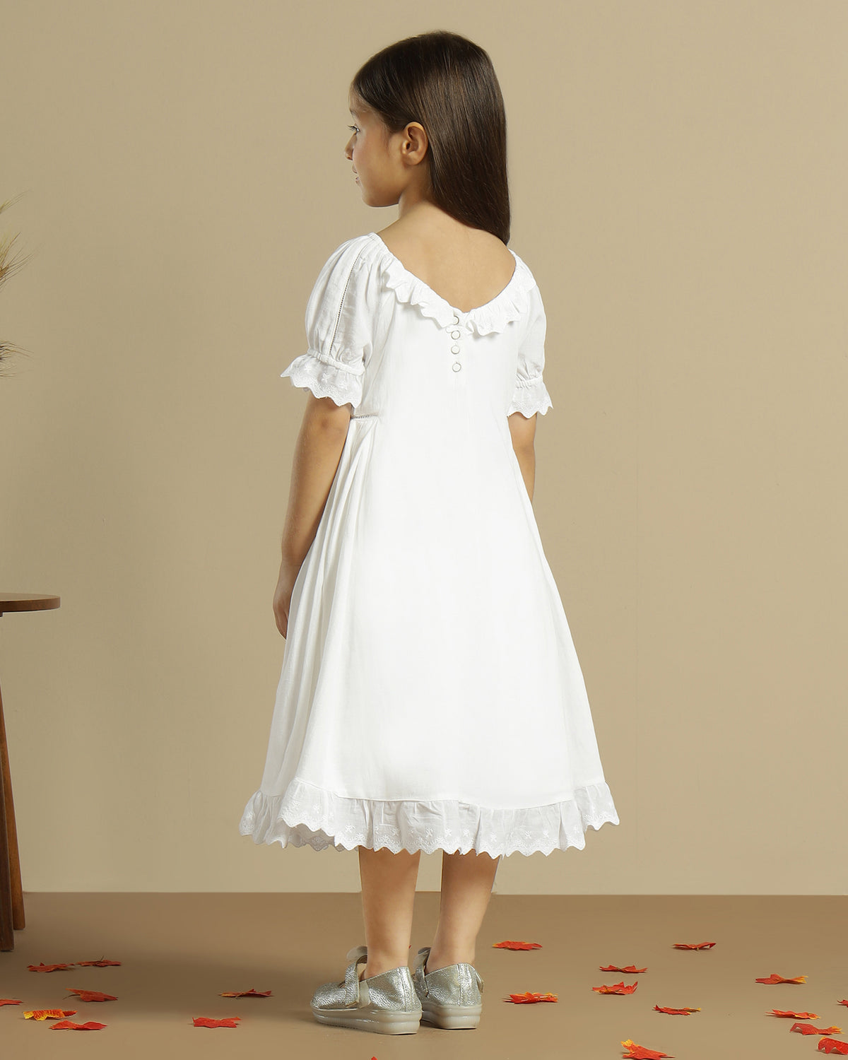 Grey striped girls short sleeve dress with gathered waist and flared hem