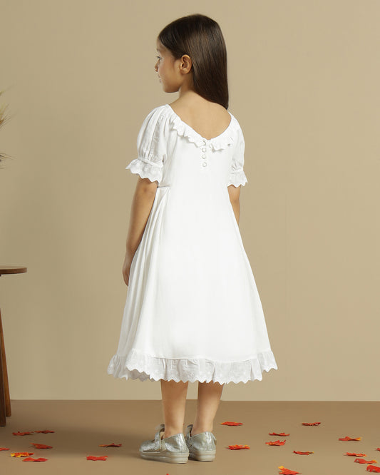 Grey striped girls short sleeve dress with gathered waist and flared hem