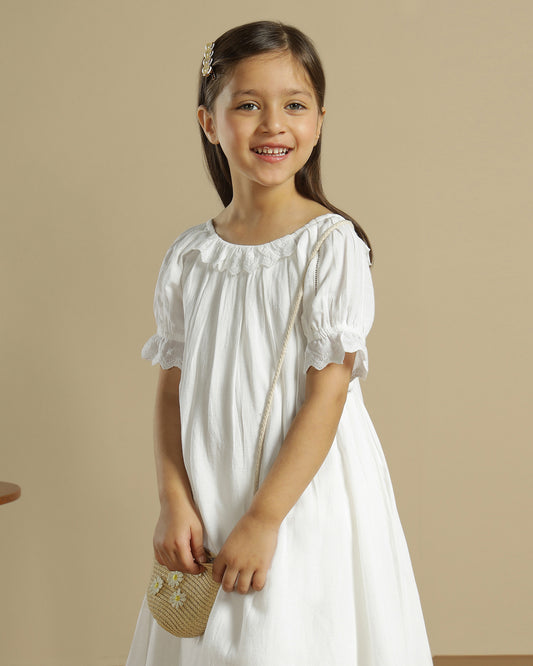 Grey striped girls short sleeve dress with gathered waist and flared hem
