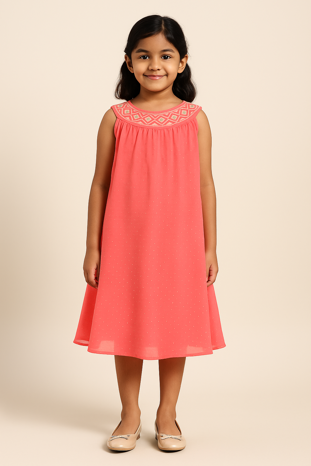 Coral girls sleeveless fit and flare dress with pleated detailing and flared hem