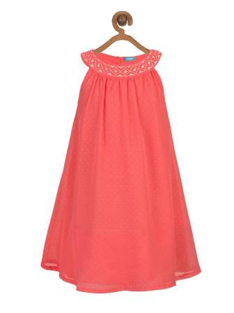 Coral girls sleeveless fit and flare dress with pleated detailing and flared hem