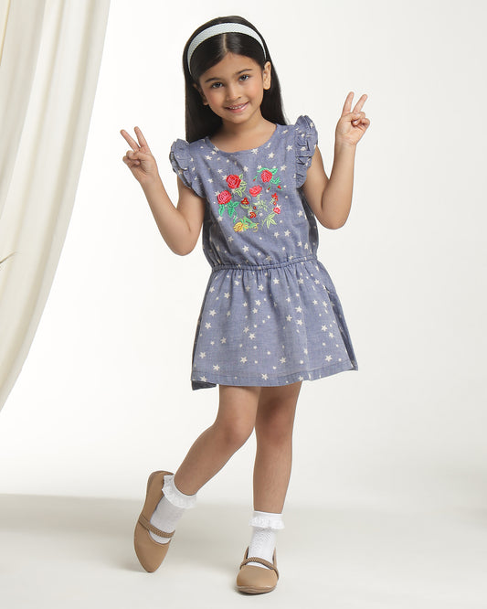 Navy blue girls printed sleeveless dress with gathered waist and flared skirt