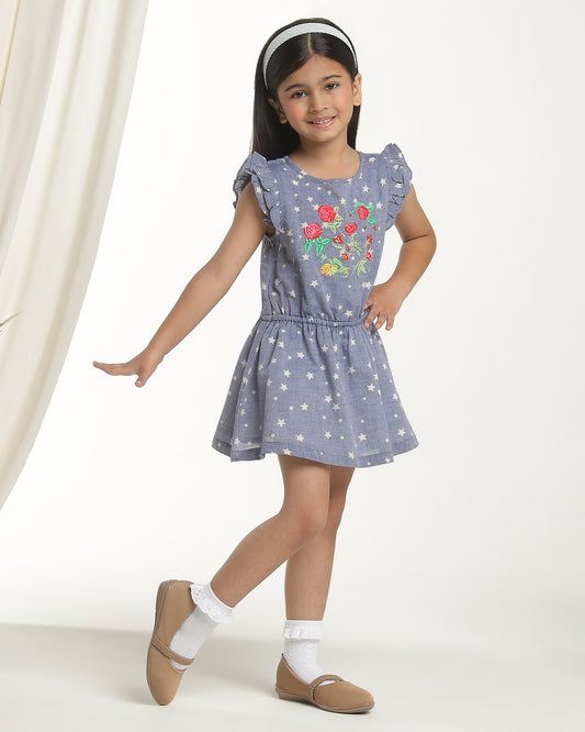 Navy blue girls printed sleeveless dress with gathered waist and flared skirt
