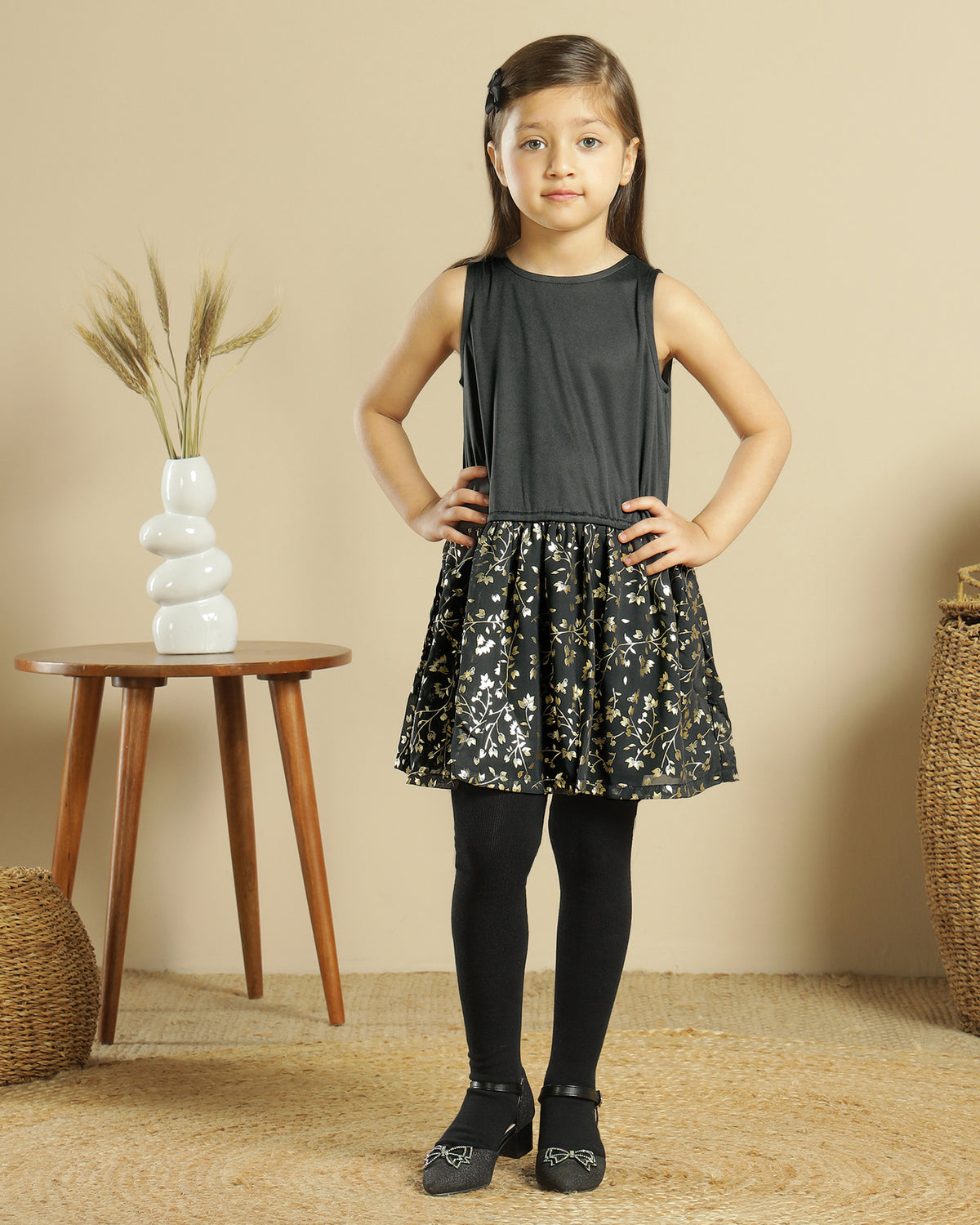Black girls sleeveless dress with checked flared skirt and gathered waist