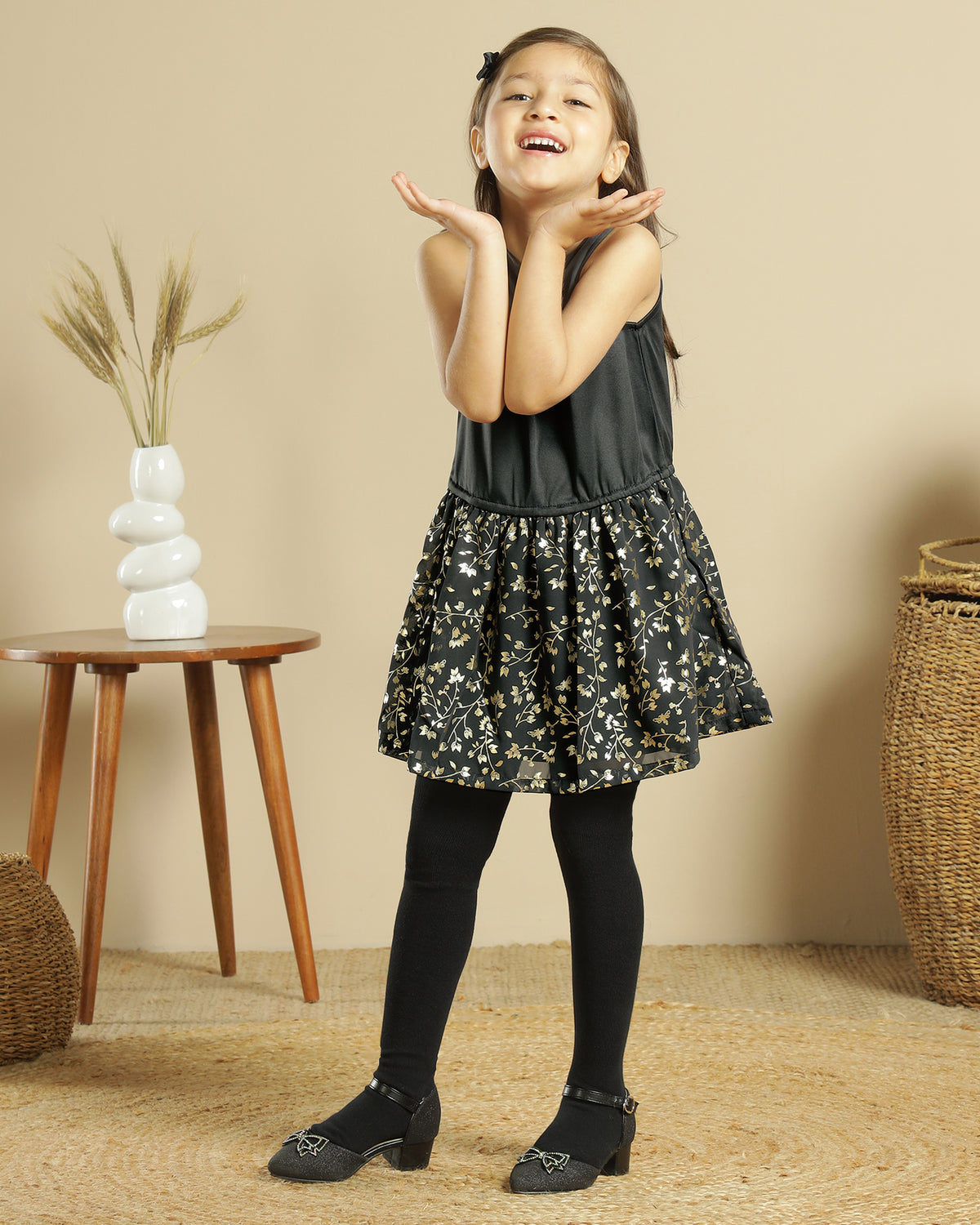 Black girls sleeveless dress with checked flared skirt and gathered waist