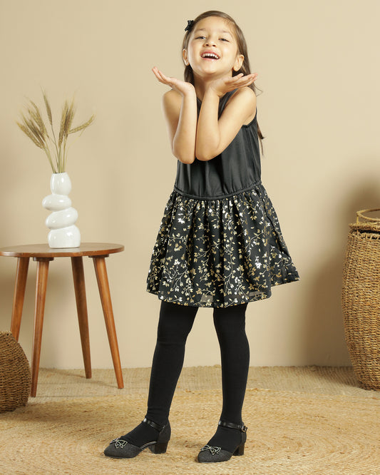 Black girls sleeveless dress with checked flared skirt and gathered waist