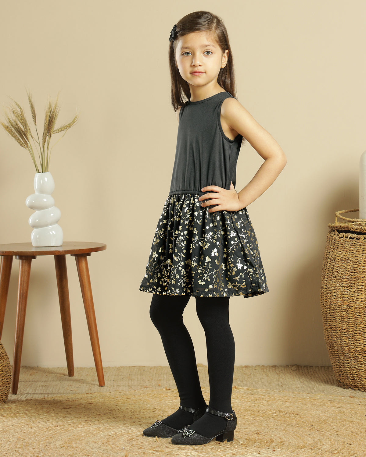 Black girls sleeveless dress with checked flared skirt and gathered waist