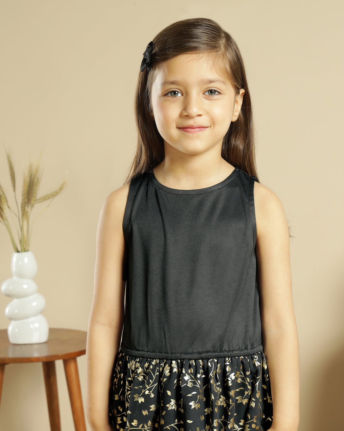 Black girls sleeveless dress with checked flared skirt and gathered waist