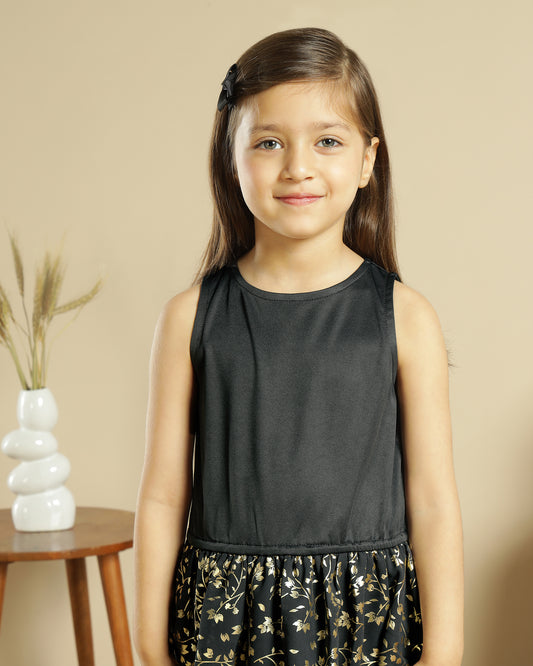 Black girls sleeveless dress with checked flared skirt and gathered waist