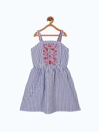 Blue girls sleeveless dress with printed bodice, pleated skirt and contrast detailing