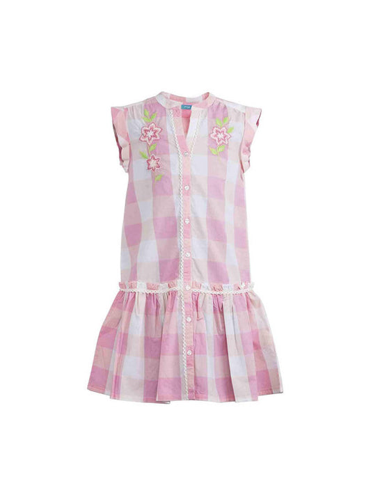 Pink and white checked girls sleeveless A-line dress with ruffle detailing and flared hem