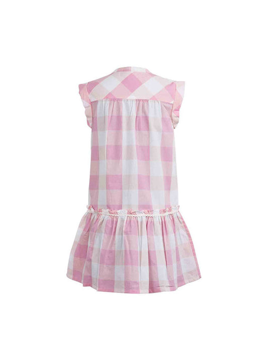 Pink and white checked girls sleeveless A-line dress with ruffle detailing and flared hem