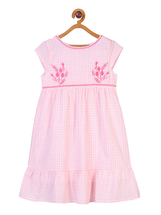 Pink girls sleeveless fit and flare dress with ruffle detailing and flared hem