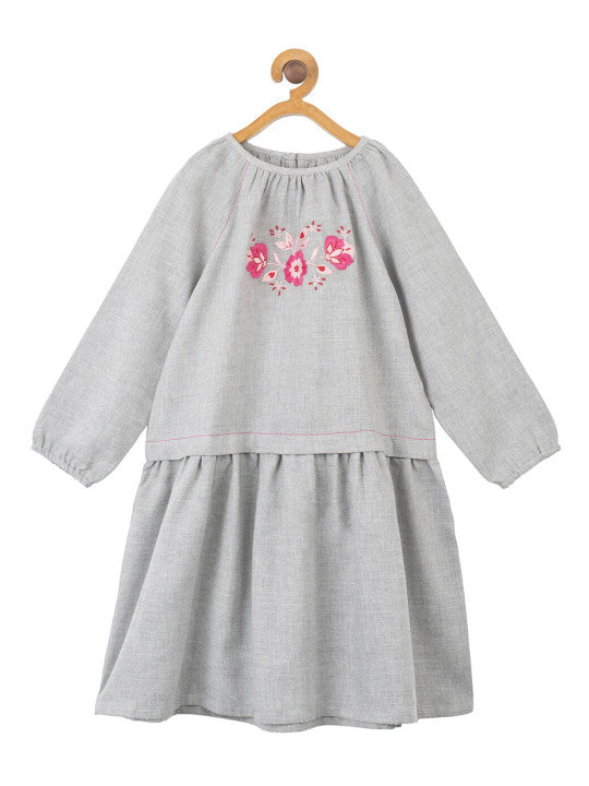 Girls Grey Embroidered Tiered Dress