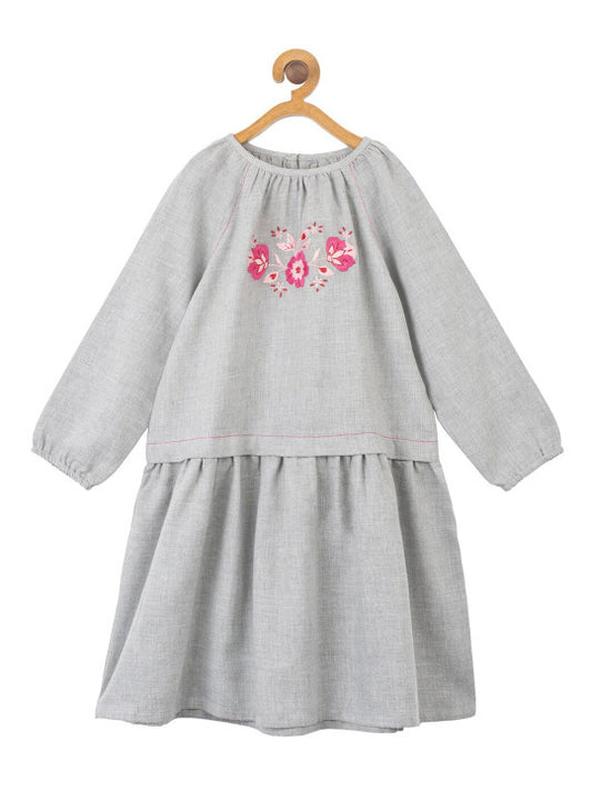 Girls Grey Embroidered Tiered Dress