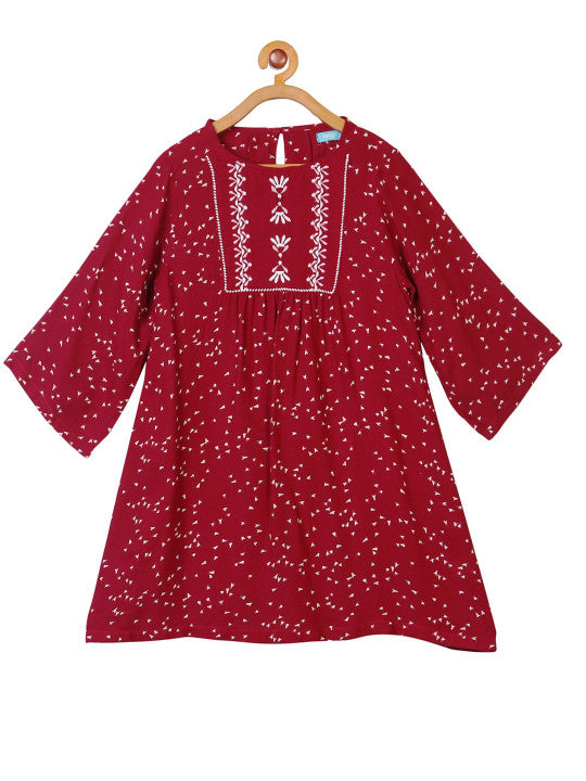 Girls Ethnic Printed Embroidered Dress