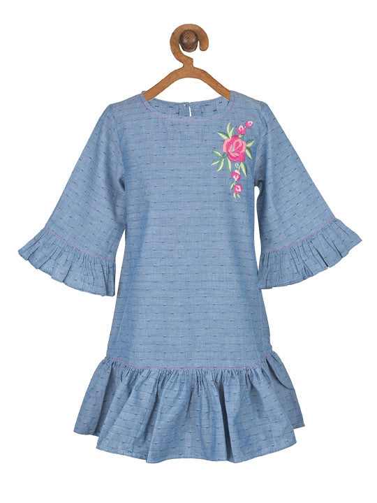 Girls Blue Floral Flared Sleeves Dress