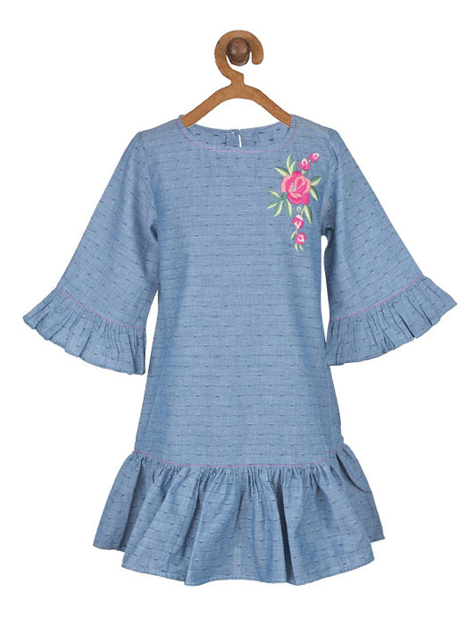 Girls Blue Floral Flared Sleeves Dress