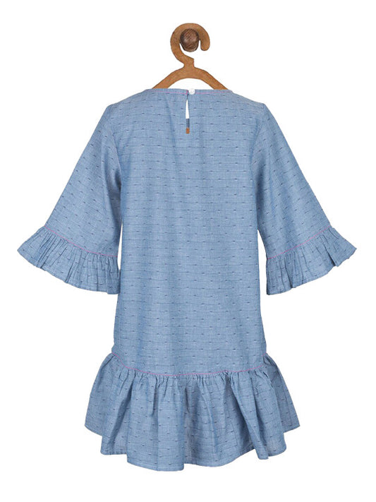 Girls Blue Floral Flared Sleeves Dress