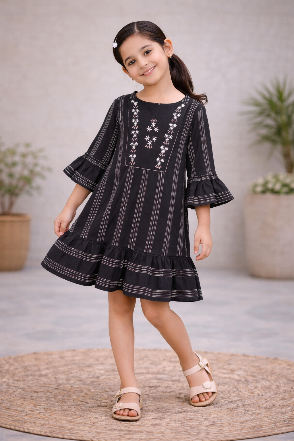 Black girls striped short sleeve A-line dress with contrast trim and flared hem