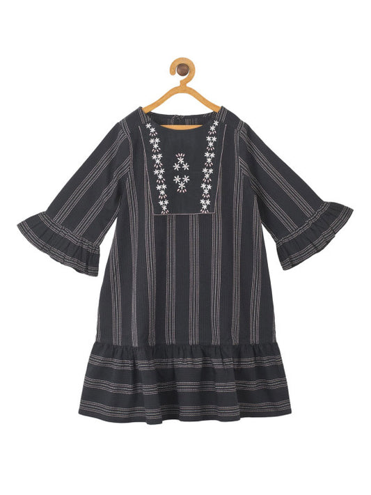 Black girls striped short sleeve A-line dress with contrast trim and flared hem