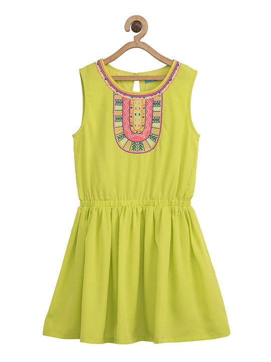Lime green girls sleeveless fit and flare dress with floral applique and pleated skirt