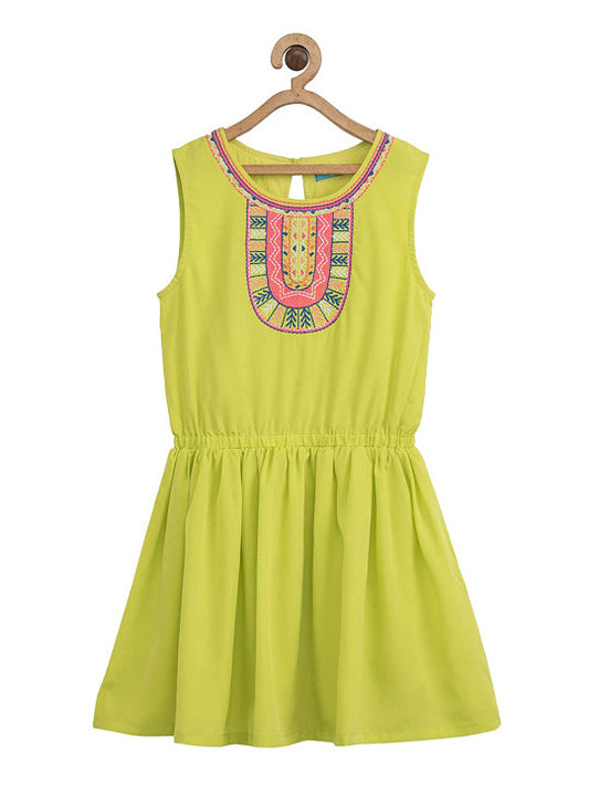 Lime green girls sleeveless fit and flare dress with floral applique and pleated skirt