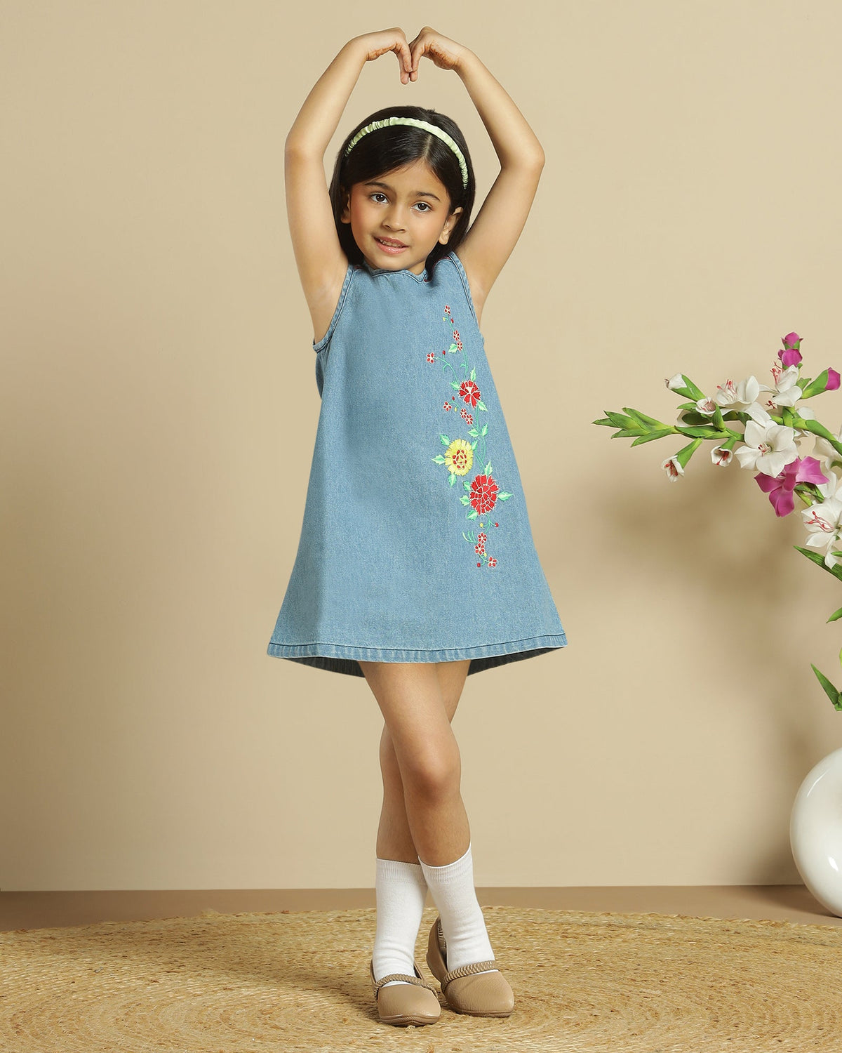 Girls Blue Denim Embroidered A-Line Dress