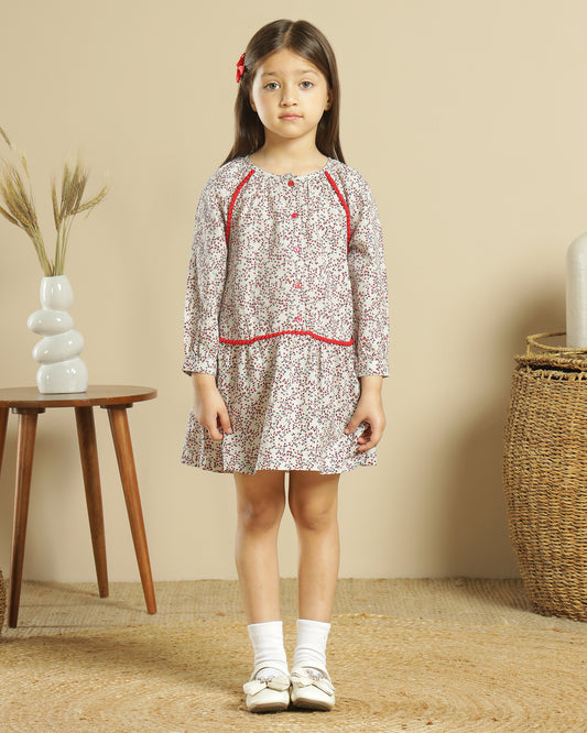 Grey and maroon checked girls long sleeve dress with layered ruffle hem