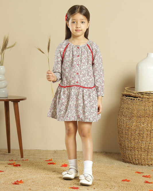 Grey and maroon checked girls long sleeve dress with layered ruffle hem