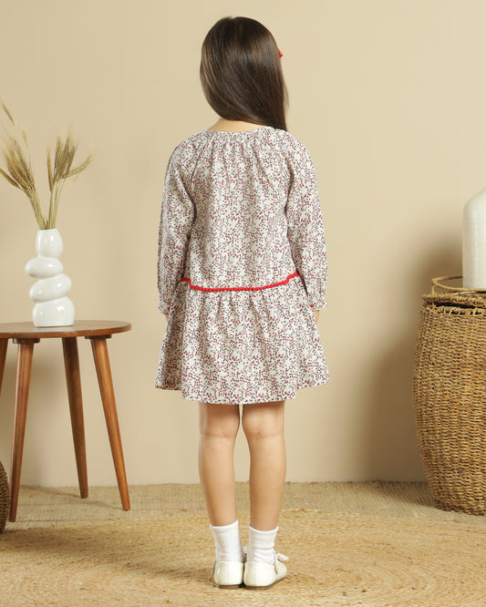 Grey and maroon checked girls long sleeve dress with layered ruffle hem