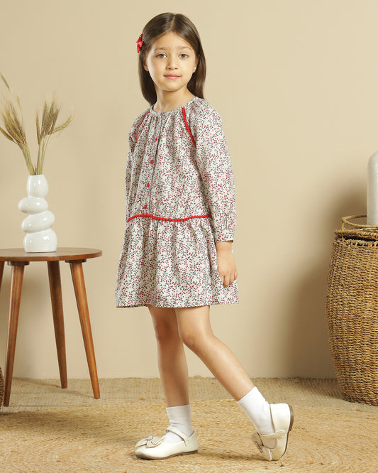 Grey and maroon checked girls long sleeve dress with layered ruffle hem