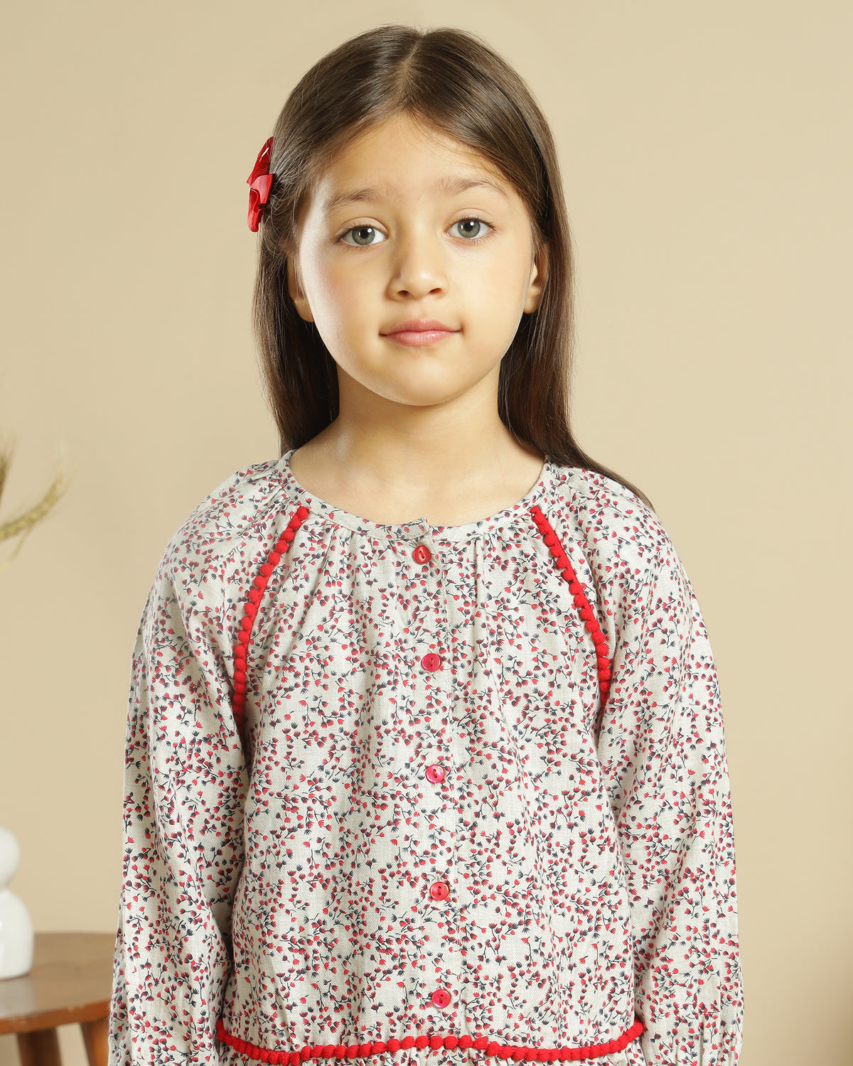 Grey and maroon checked girls long sleeve dress with layered ruffle hem