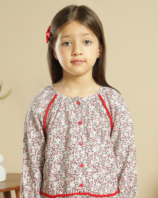 Grey and maroon checked girls long sleeve dress with layered ruffle hem